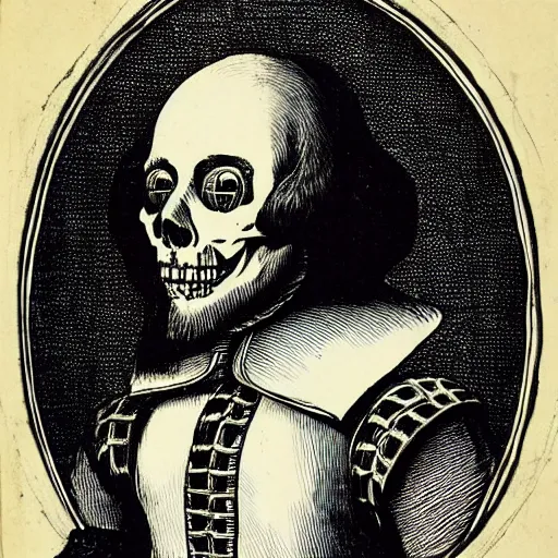 Prompt: william skakespeare as skeleton, traditional art