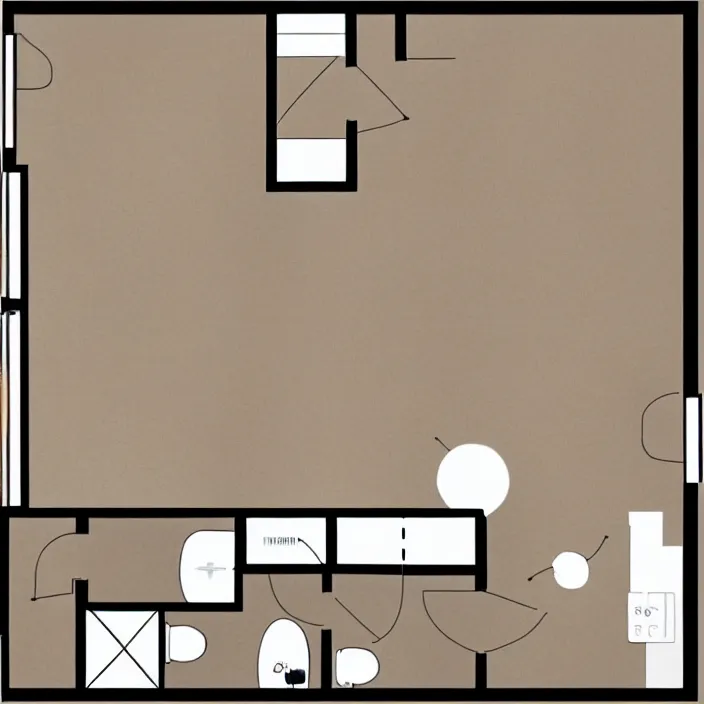 Prompt: overhead floor plan view of an apartment with absolutely zero cougars ( puma concolor ) hiding in the kitchen