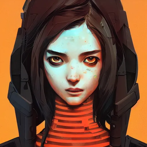 Prompt: Highly detailed portrait of a cyberpunk young lady with, freckles and wavy hair by Atey Ghailan, by Loish, by Bryan Lee O'Malley, by Cliff Chiang, by Greg Rutkowski, inspired by image comics, inspired by graphic novel cover art, inspired by nier!! Gradient red color scheme ((grafitti tag brick wall background)), trending on artstation
