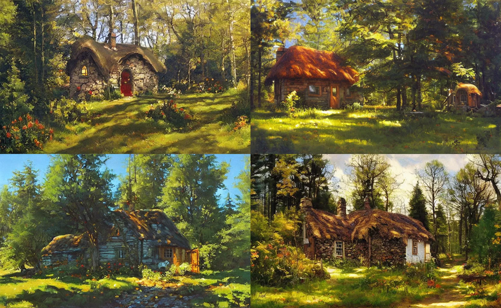 Prompt: A quaint cottage in the woods, fantasy painting by Karl Gustav Rodde and Ben Aronson