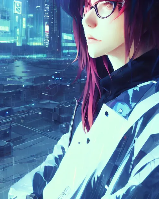 Image similar to kyoto animation, cool lady wearing cyberpunk warcore clothing, beautiful, detailed portrait, cell shaded, 4 k, concept art, by wlop, ilya kuvshinov, artgerm, krenz cushart, greg rutkowski, pixiv. cinematic dramatic atmosphere, sharp focus, volumetric lighting, cinematic lighting, studio quality