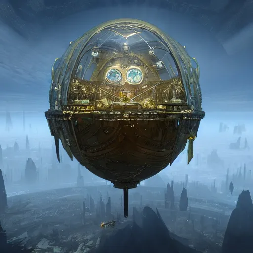 Image similar to enormous flying city in a faberge egg, sky, steampunk, fantasy art, masterpiece, hugh ferriss, unreal engine 5, peder balke