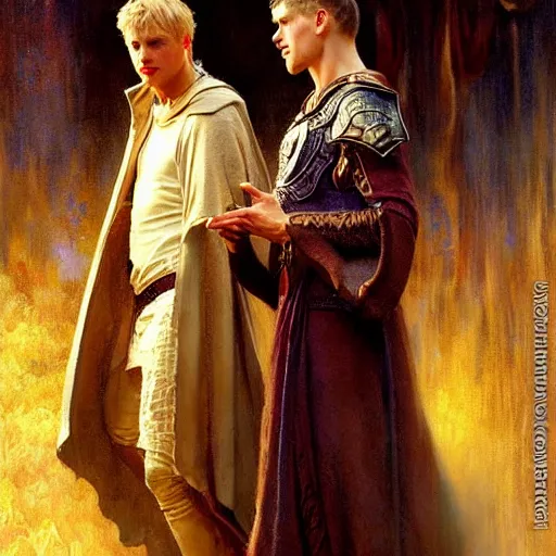 Image similar to attractive, arthur pendragon in love with attractive male, merlin the mage. highly detailed painting by gaston bussiere, craig mullins, j. c. leyendecker