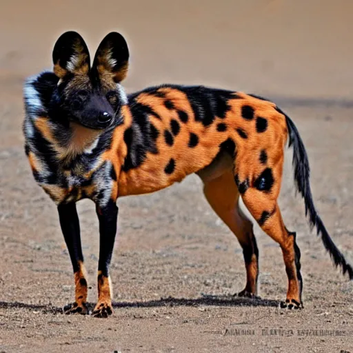 Image similar to A photo of the world's greatest sheriff: an african painted dog dressed in a hat!