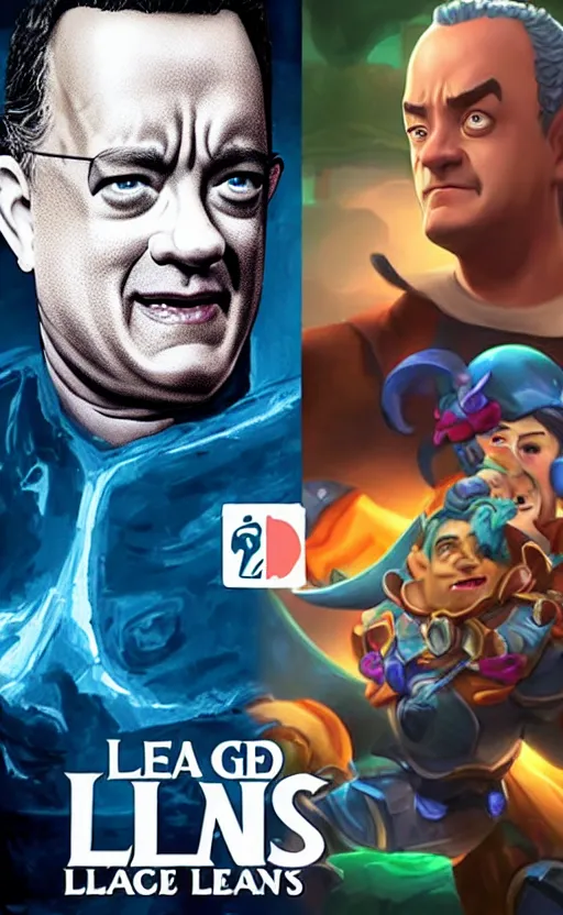 Image similar to Tom Hanks as a character in the game League of Legends, with a background based on the game League of Legends, detailed face, old 3d graphics