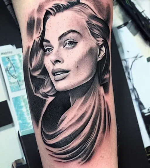 Prompt: mash up tattoo sketch of margot robbie in the shape of mountain scenery, double exposure effect, in the style of arlo dicristina, hyper realism, amazing detail, sharp