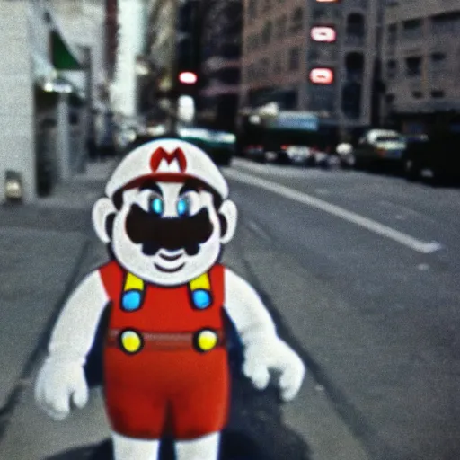 Image similar to 35mm pentax k1000 photograph grainy abstract experimental expired film photo of real human Video Game Character Super Mario in 1960s New York City