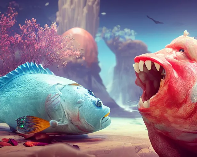 Prompt: of a very beautiful scene. ambient occlusion render. a sweet fat old woman is giving birth to a huge colorful fish. hyper realistic. 4 k. wide angle. wild, red mouth, blue eyes. deep focus, lovely scene. ambient occlusion render. concept art. unreal engine.