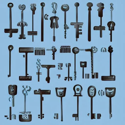 Prompt: 3 0 keys of different sizes, product photo on blue grey background