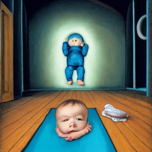 Image similar to a big head baby in floor inside a dark house, surrealism