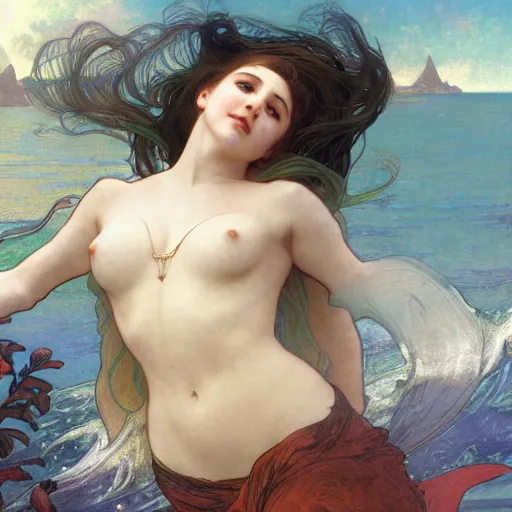 Image similar to beautiful mermaid sticking her head above the water, intricate, art by artgerm and greg rutkowski and alphonse mucha and william - adolphe bouguereau, high detailed, 4 k,