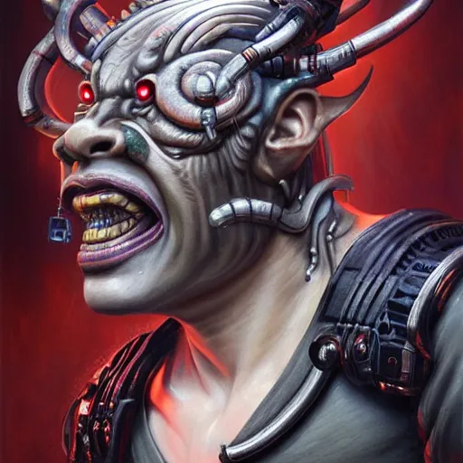 Image similar to portrait, cyberpunk japanese oni demon with horns and circuitry, augmented, stern expression, long hair, highly detailed, digital painting, artstation, concept art, smooth, sharp focus, illustration, artgerm, tomasz alen kopera, peter mohrbacher, donato giancola, joseph christian leyendecker, wlop, frank frazetta