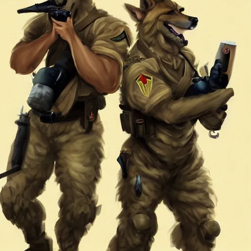 Image similar to two humanoid german shepherds beast - men in military style, they holding a beer, artstation, concept art, smooth, sharp foccus ilustration, artstation