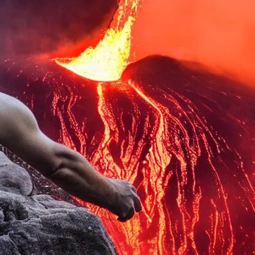 Prompt: man in a swimsuit blending with flowing lava on a volcano with magma eruptions