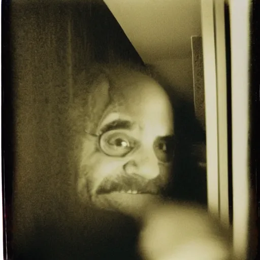 Prompt: A creepy polaroid photo of Danny Devito staring at you from the end of the hallway.