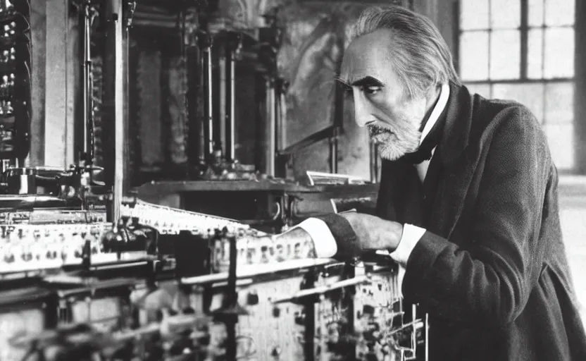 Image similar to movie still close-up portrait of Christopher Lee as 19th century inventor working on a 1880s supercomputer in a victorian house, by David Bailey, Cinestill 800t 50mm eastmancolor, heavy grainy picture, very detailed, high quality, 4k, HD criterion, precise texture and facial expression