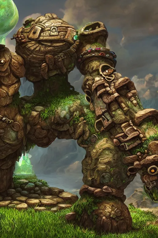 Image similar to zelda fantasy art giant golem troll wood rock greeble gemstone, global illumination ray tracing hdr fanart arstation by sung choi and eric pfeiffer and gabriel garza and casper konefal