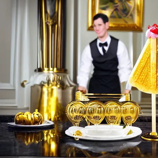Prompt: a butler serving a golden popsicle on a silver plate, professional photograph, canon eos