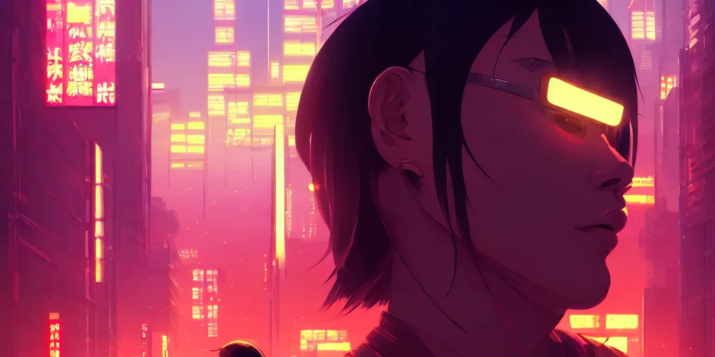 Image similar to digital illustration closeup portrait of cyberpunk samurai in city street at night by makoto shinkai, ilya kuvshinov, lois van baarle, rossdraws, basquiat | afrofuturism, in the style of hearthstone, trending on artstation | cool color scheme