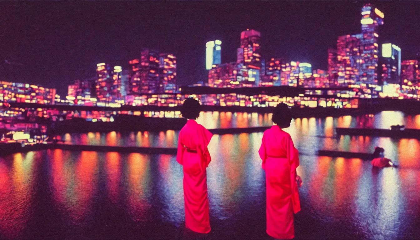 Image similar to 80s neon movie still with a lonely woman in a kimono standing by a river at night with city lights in front of her. She is looking at the city. hyperrealistic, high definition, medium format photography, highly detailed, technicolor, anamorphic 50mm lens
