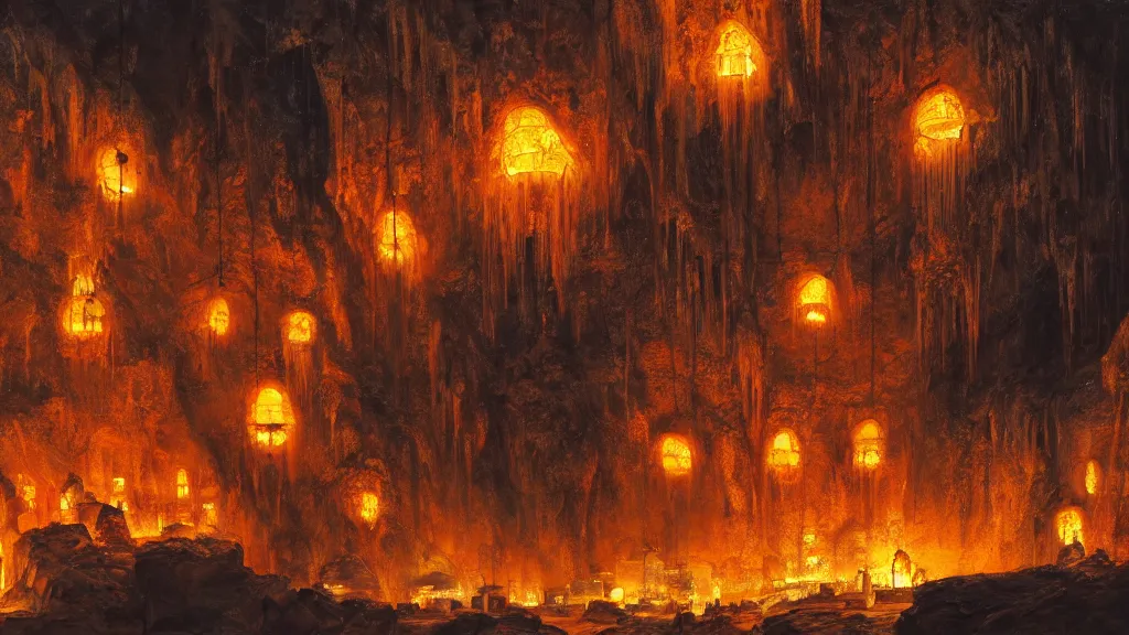 Prompt: a cave with a medieval city inside the city is lit up with orange Cristal's hanging from the cave roof, highly detailed oil painting, epic fantasy art, abstraction, masterpeice, 8k