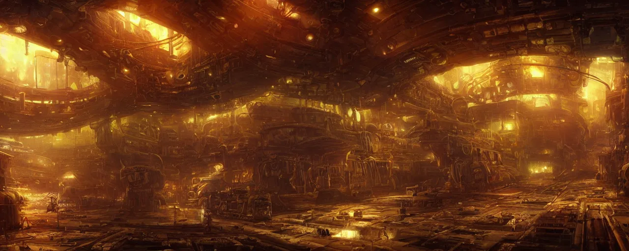 Prompt: ” steampunk docking bay inside an ancient cargo ship, [ art by paul lehr, cinematic, detailed, epic, widescreen, opening, establishing, mattepainting, photorealistic, realistic textures, octane render ] ”