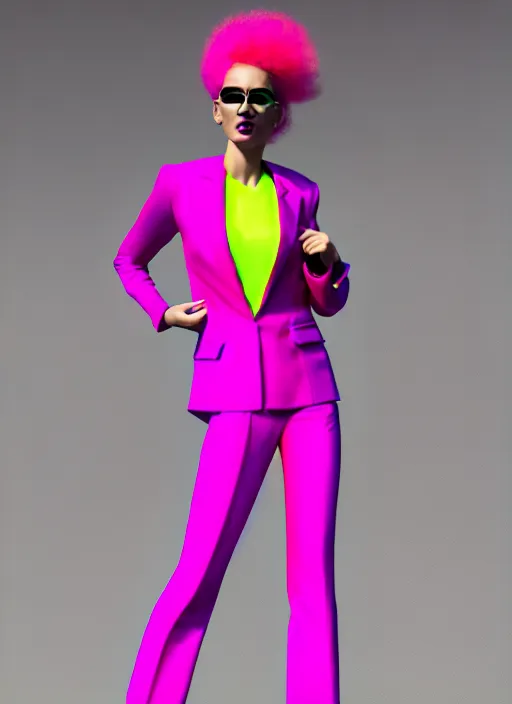 Image similar to bright trouser suit for a rave, bright colors, many details, prints, photo for a magazine, photo for a store, fashion photography, Vogue, 135 mm, cinematic, hyper realism, high detail, 8k, Two models in the frame, dynamic pose,Smooth skin, perfect face