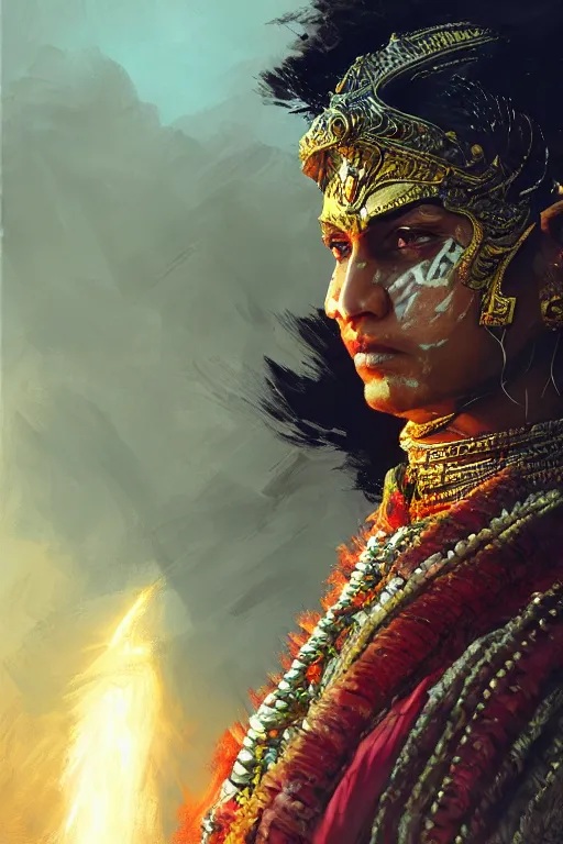 Image similar to hindu warrior, close - up portrait, fierce, intricate, elegant, volumetric lighting, scenery, digital painting, highly detailed, artstation, sharp focus, illustration, concept art, ruan jia, steve mccurry