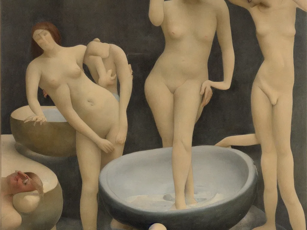 Prompt: Woman taking a bath alone in a strange, giant ceramic basin sculpted by Henri Moore. Marble sculptures by Brancusi. Night, cypresses Painting by Alex Colville, Balthus