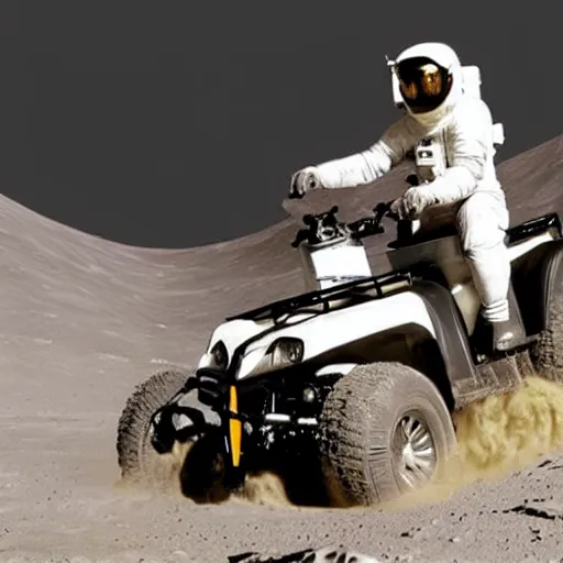 Prompt: photo of monkey in tuxedo riding an atv on the moon