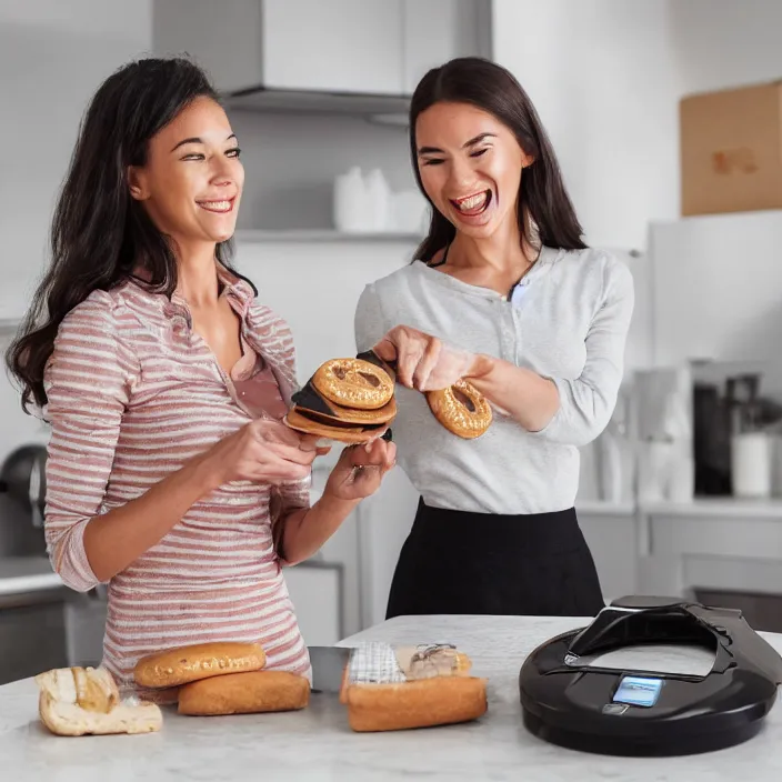 Image similar to a woman that is extremely happy about a young woman receiving her new bagel slicer from the future in the mail from amazon, 8 k,