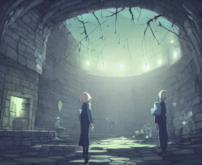 Image similar to A dark underground dungeon with a portal to another dimension, peaceful and serene, incredible perspective, soft lighting, anime scenery by Makoto Shinkai and studio ghibli, cell shading, very detailed