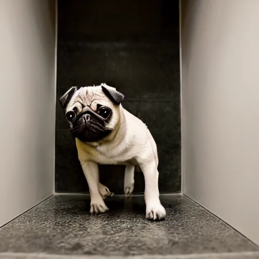 Image similar to a pug climbing out of a toilet, bathroom interior background, photo