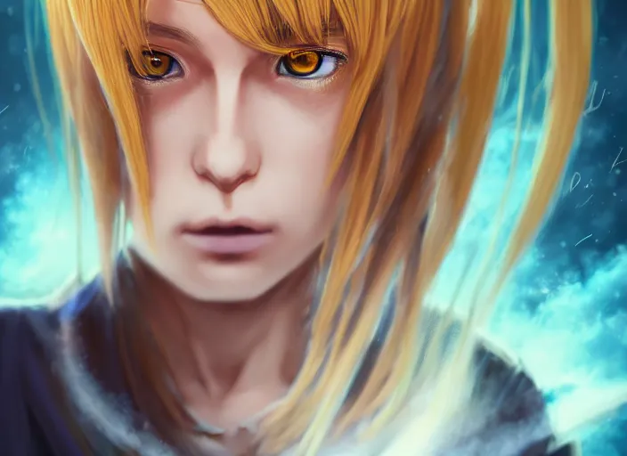 Image similar to profile shot of rimuru tempest playing chess, with amber eyes of golden colored eyes, straight hair, sky blue hair, long bangs, high collar, concept art, award winning photography, digital painting, cinematic, by wlop, anime key visual, wlop, 8 k, by ross tran, tom bagshaw, andy warhol