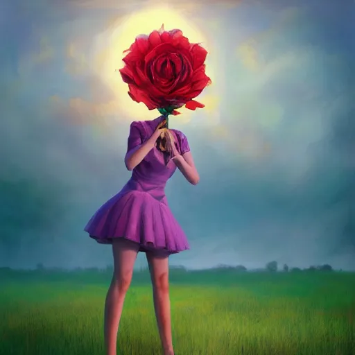 Image similar to portrait, giant rose flower head, girl dancing in a suit, surreal photography, sunrise, blue sky, dramatic light, impressionist painting, digital painting, artstation, simon stalenhag