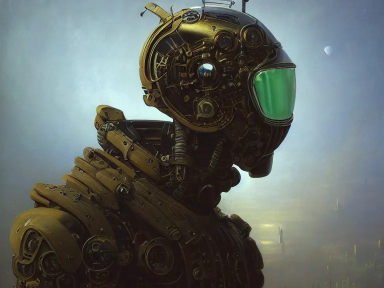 Image similar to a detailed profile oil painting of a humanoid with reflective visor, flight suit, portrait symmetrical and science fiction dieselpunk theme with aurora lighting by beksinski carl spitzweg and tuomas korpi. baroque elements, full-length view. baroque element. intricate artwork by caravaggio. Trending on artstation. 8k