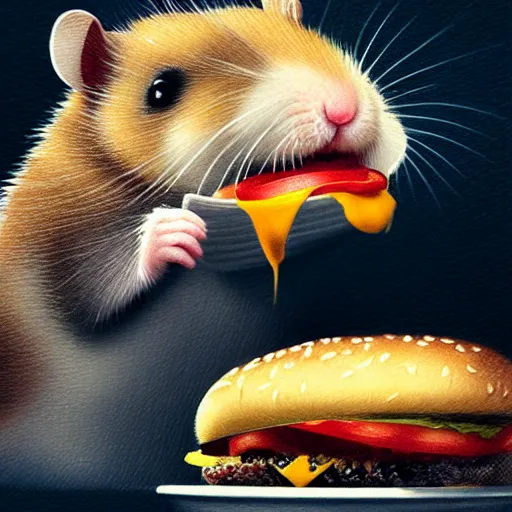 Image similar to a hamster eating a hamburger,digital art,ultra realistic,ultra detailed,art by greg rutkowski,detailed face,4k