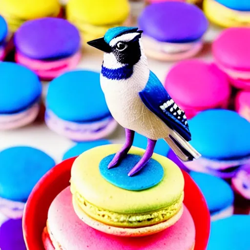 Image similar to A blue jay standing on a large basket of rainbow macarons.