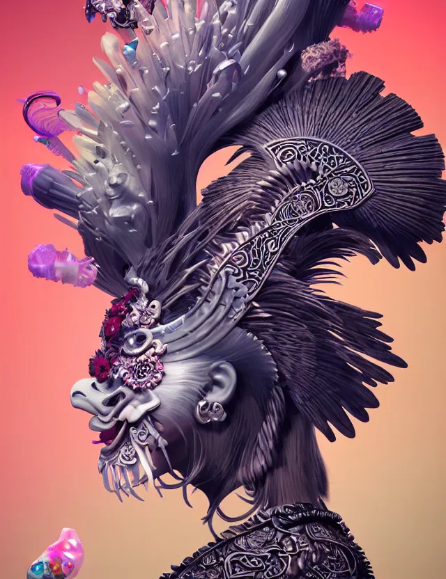 Image similar to 3 d goddess close - up profile portrait punk with mohawk with ram skull. beautiful intricately detailed japanese crow kitsune mask and clasical japanese kimono. betta fish, jellyfish phoenix, bio luminescent, plasma, ice, water, wind, creature, artwork by tooth wu and wlop and beeple and greg rutkowski