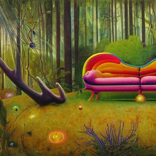 Image similar to psychedelic couch sofa in the lush pine forest, outer space, milky way, moose antlers, designed by arnold bocklin, jules bastien - lepage, tarsila do amaral, wayne barlowe and gustave baumann, cheval michael, trending on artstation, star, sharp focus, colorful refracted sparkles and lines, soft light, 8 k 4 k