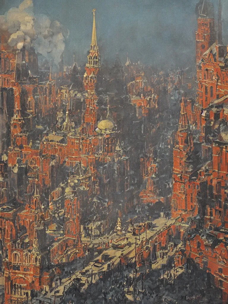 Image similar to russian revolution dieselpunk 1 9 1 0 cityscape, kremlin, painting by davison, craig