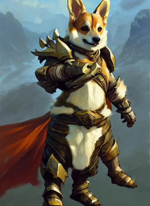 Prompt: Greg Manchess painting of a Corgi Charr from Guild Wars 2 wearing Forerunner Armor from Halo, countryside, calm, fantasy character portrait, dynamic pose, above view, sunny day, artwork by Jeremy Lipkin and Giuseppe Dangelico Pino and Michael Garmash and Rob Rey, very coherent asymmetrical artwork, sharp edges, perfect face, simple form, 100mm