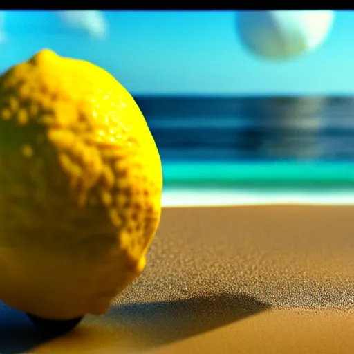 Prompt: anthromorphic robotic lemon relaxing in a beach, photorealistic 3 d octane render, unreal engine