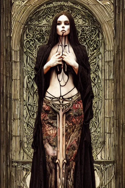 Prompt: breathtaking detailed soft painting of grim reaper in art nouveau gauze dress, with long hair and piercing eyes in bleeding meat, in an intricate medieval stained glass, rembrandt style, elegant, highly detailed, artstation, concept art, matte, sharp focus, art by tom bagshaw, luis royo and greg rutkowski