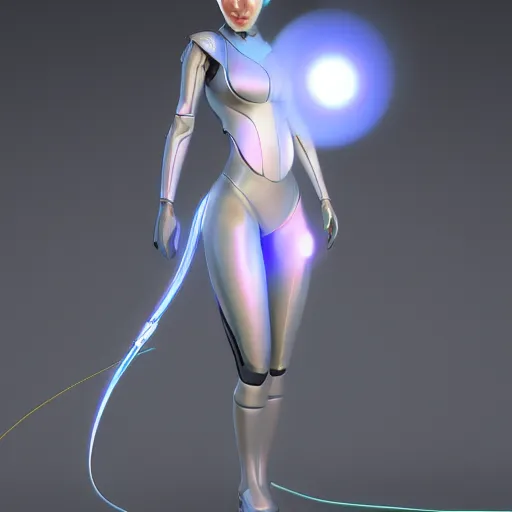 Image similar to a woman in a futuristic suit holding a glowing light, a computer rendering by Artgerm, featured on cgsociety, afrofuturism, daz3d, zbrush, futuristic