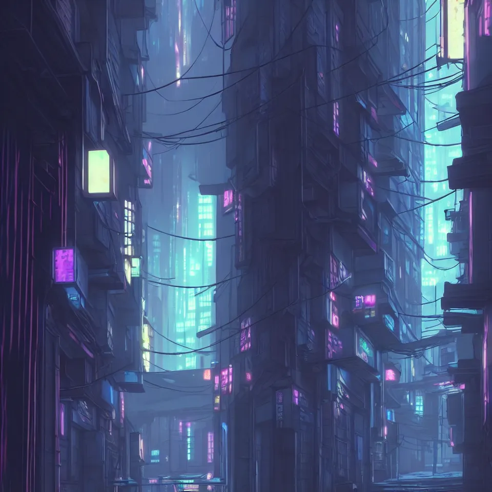 Image similar to city alleyway in the atmospheric cyberpunk anime film, gouache matte background painting, neon noir, at night with lights, by makoto shinkai, in the anime series ergo proxy, beautiful specular edge highlights and rim lighting