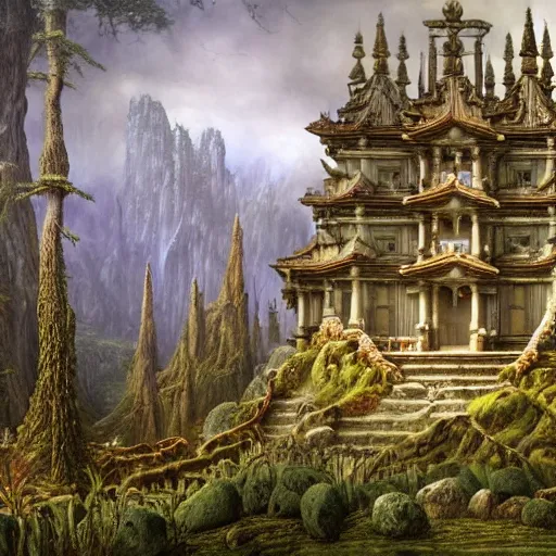 Prompt: a beautiful and highly detailed matte painting of an stone temple in a fantasy garden in a dark forest deep in the dream valley, intricate details, epic scale, insanely complex, 8 k, sharp focus, hyperrealism, very realistic, by caspar friedrich, greg rutowski, james gurney