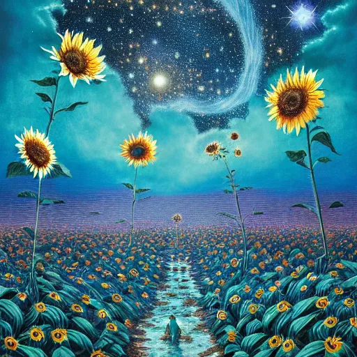 Prompt: detailed, intricate teal and iridescent, bioluminescent sunflowers in the field, nebula, galaxy in the sky, winning award masterpiece, fantastically beautiful, illustration, aestheticly inspired, jacek yerka, upscale with anguissola sofonisba work, artstation, 8 k - 9