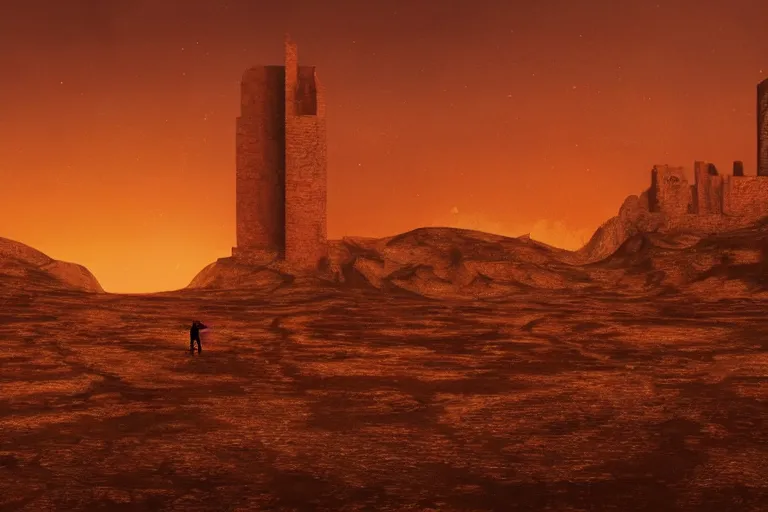 Prompt: very dry ground, desert, cracked, big tower in the background, red sky, fire in the background, artstation, award - winning, ethereal, dreamy