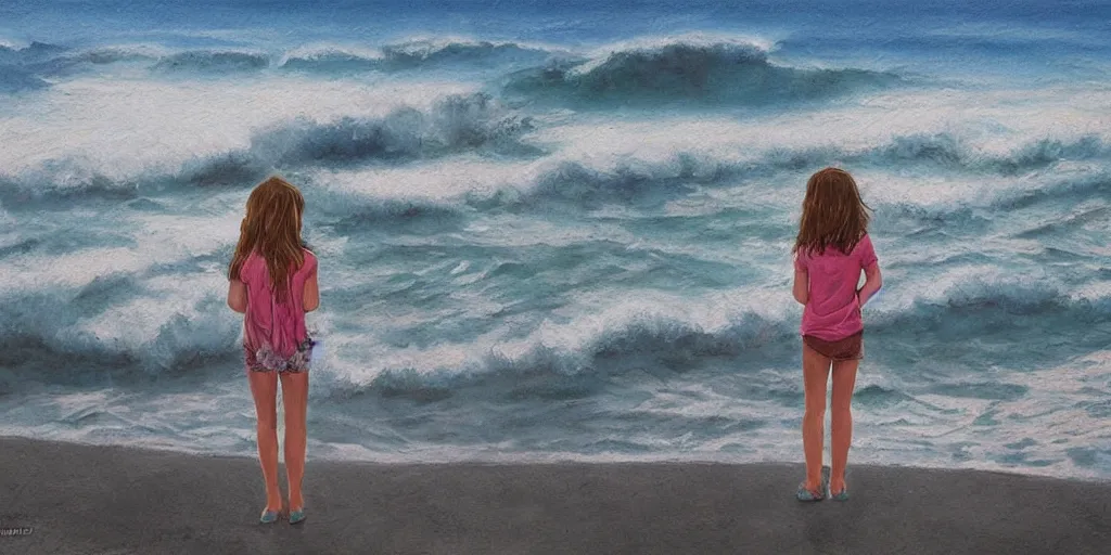 Image similar to girl looking at the ocean waves, superwide angle, intricate, highly detailed, illustration, art by Leon Bosko